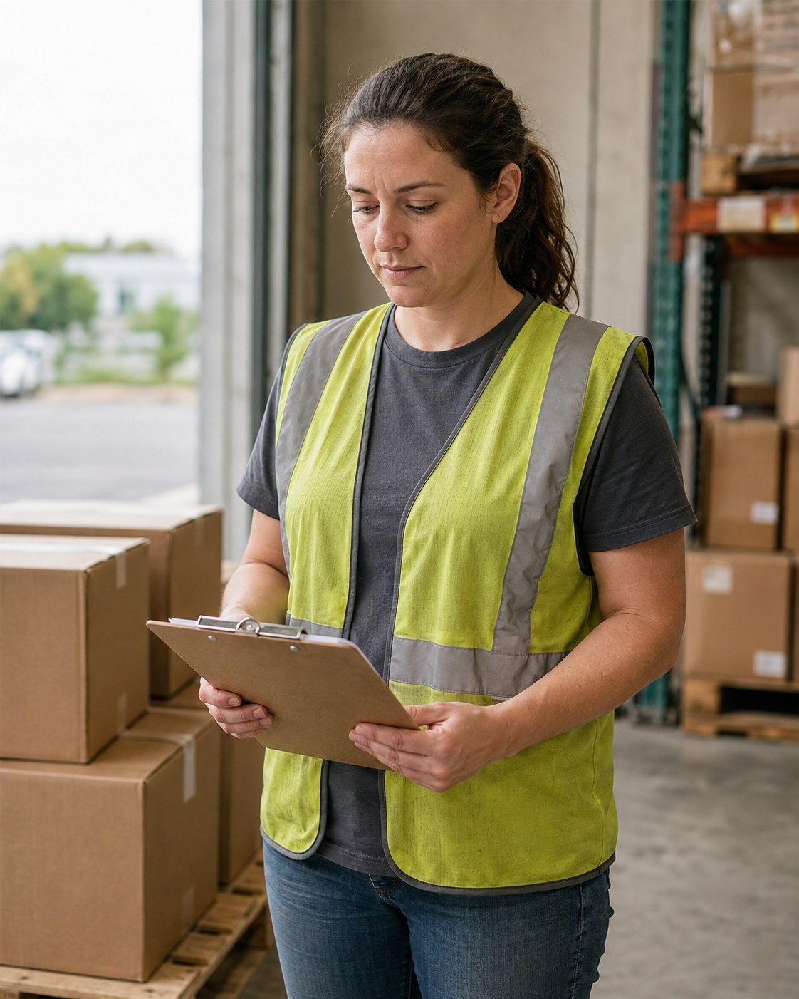 A warehouse worker reviewing a clipboard next to stacked cartons