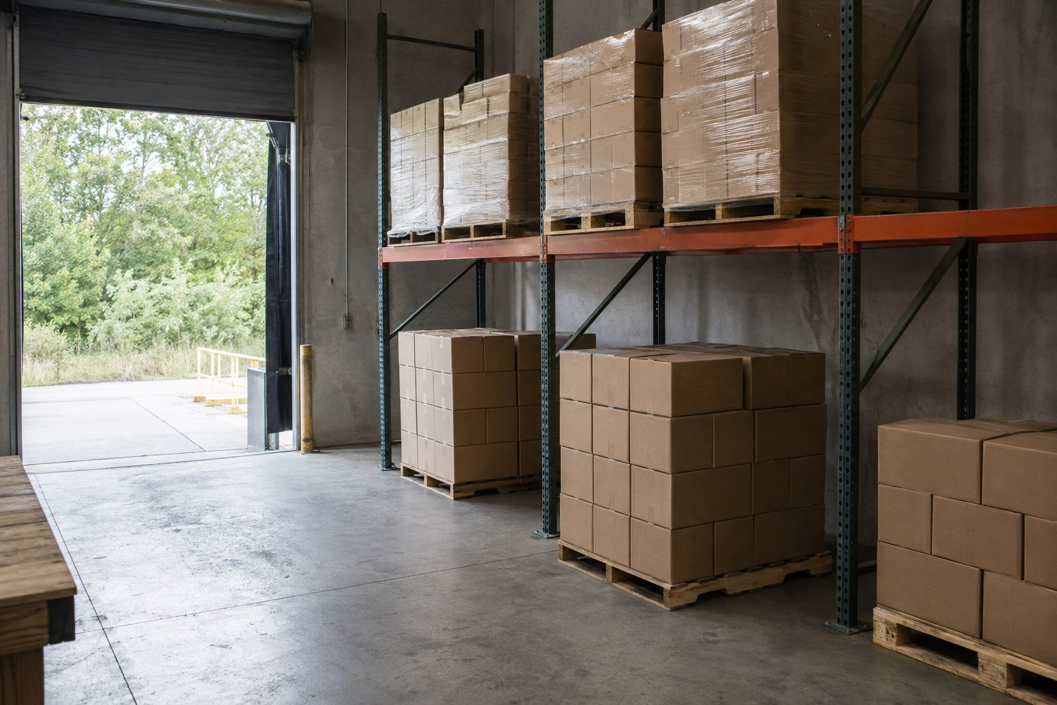 Cartons on pallets in a warehouse staging area near an open door